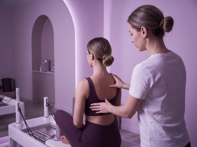 Reformer pilates for beginners in Limassol: a coach guides the posture