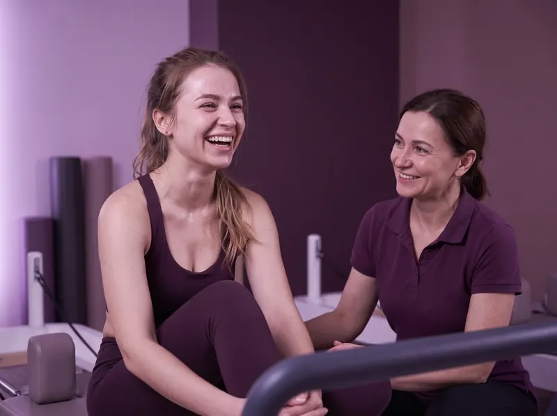 New pilates studio in Limassol: two women laughing after a class